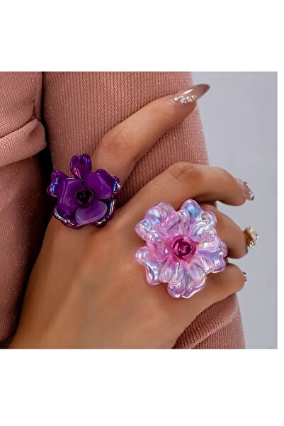 mos&more 2li Ayarlanabilir Epoksi Mor Çiçek Yüzük