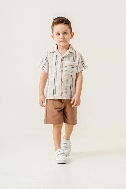 Magu Boys Muslin Two-Piece Suit Striped Short Sleeve Shirt & Shorts, Summer and Breathable