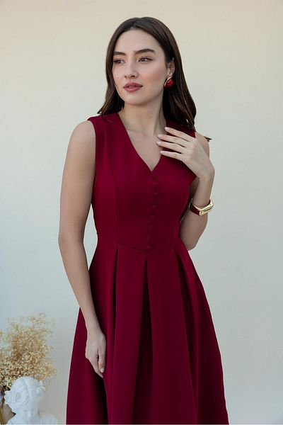 Lusin Rochie midi de damă bordeaux cu decolteu în V, cu detaliu cu nasturi