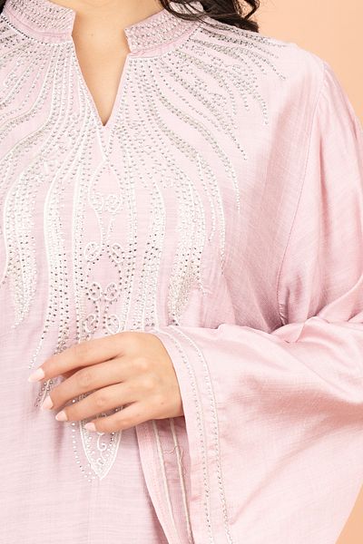 IKKXA Embroidered Solid Jalabiya with Stylish Mandarin Collar