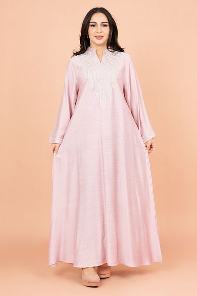IKKXA Embroidered Solid Jalabiya with Stylish Mandarin Collar