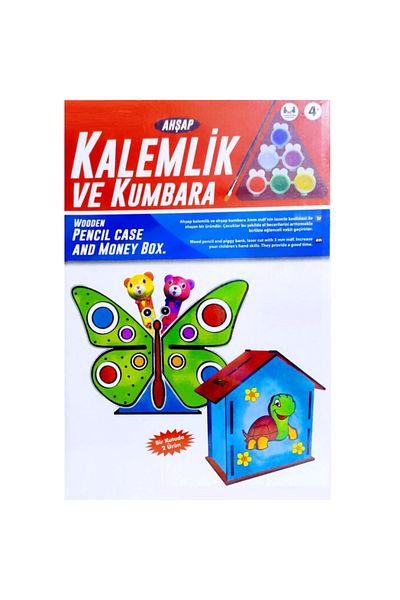 Kuzey Vip Quality Model Wooden Pen, Piggy Bank, 6 Acrylic Paints, Butterfly Pen Holder Set