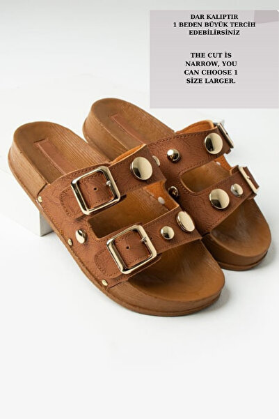 diclepolat Γυναικείες παντόφλες Tan Color - Flat Sole, Buckle, Double Strap, Troked Olive