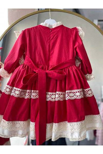 shopland Prenses Model Kırmızı Kız Çocuk Güpür Detaylı Vintage Özel Tasarım Bebek Abiye Elbise+ toka