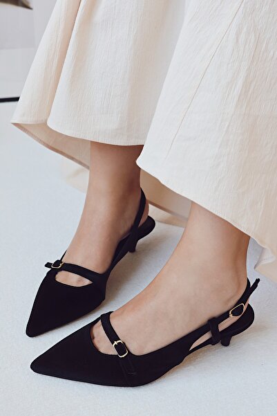 POLKA STORE Sole Pointed Toe Single Strap Buckle Black Patent Leather Heeled Women's Shoes