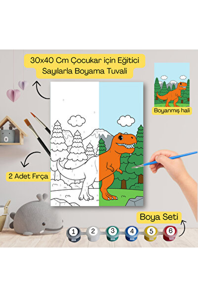 hediye hobim Çocuklar İçin Eğitici Sayılarla Boyama Seti Dinazor –30x40 Tuval...