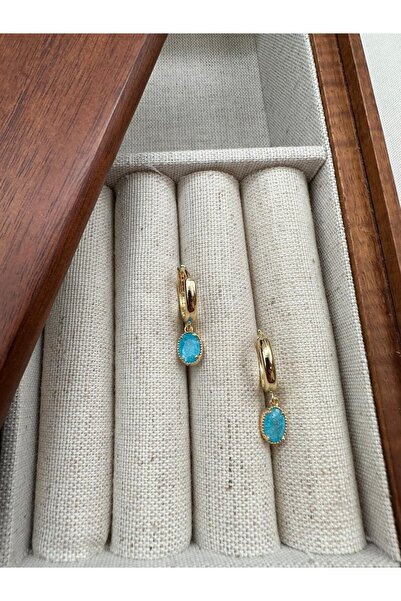Jerie Gold Turkuaz Kristal Taş Detaylı Minimal Damla Küpe