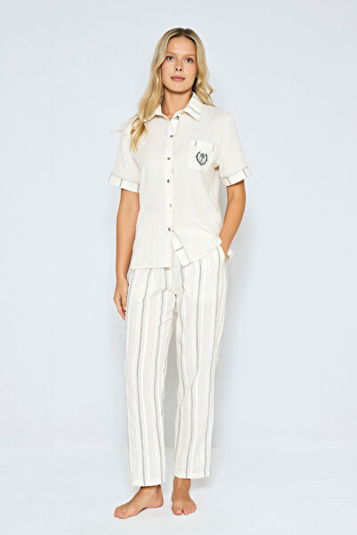 Feyza Γυναικείο Σετ Πιτζάμες Μπεζ ριγέ κοντομάνικο πουκάμισο