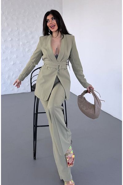 pembekurdelem Women's Belted Jacket Pants Suit Khaki
