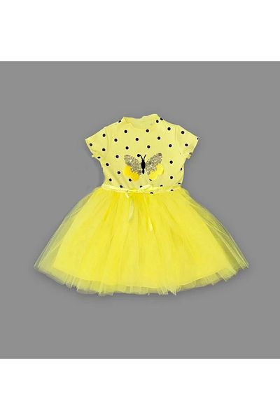 Skygo 5-6-7 Years Sequined Butterfly Patterned Polka Dot Girl's Dress