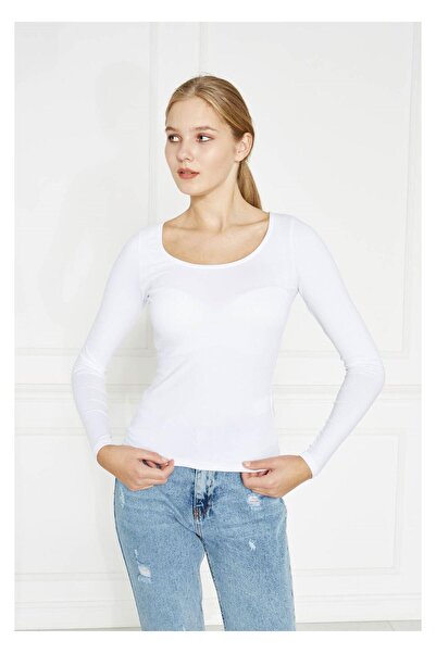 TIFFANY&TOMATO تيشيرت أساسي بياقة حمام سباحة وأكمام طويلة - أبيض - أبيض