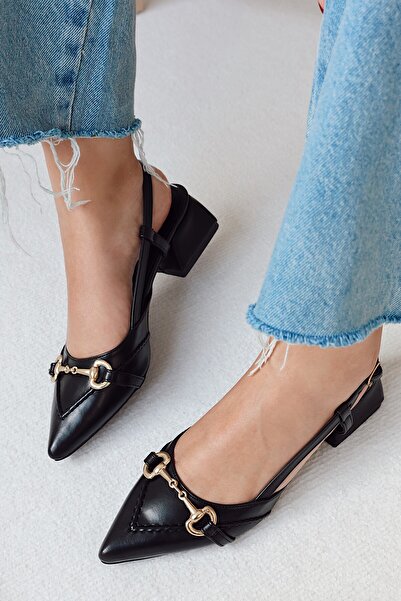 POLKA STORE Madame Saddler Stitching Detailed Gold Metal Buckle Matte Leather Pointed Toe Short Block Heeled Women's Shoes