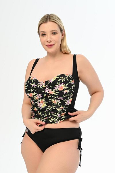 AQUAVİVA Aquaviva Women's - Black Lilac Patterned, Gathering Side Sliding Large Size Tankini