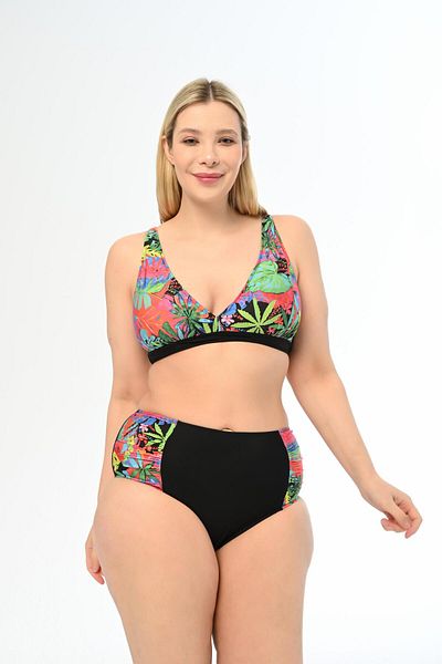 AQUAVİVA Aquaviva Women Black Green Mixed Pattern Plus Size High Waist Butterfly Bikini Set