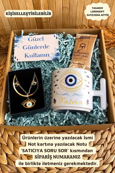 Loren Gift Kişiye Özel İsimli Nazar Göz Temalı Çelik Kolye Porselen T Kupa He...