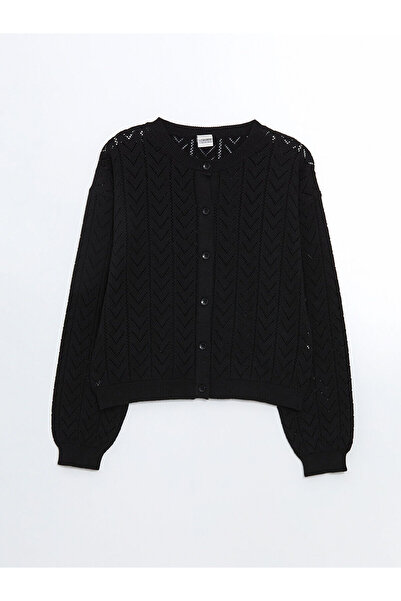 LC Waikiki Nevavm Oval Collar Openwork Knitwear Cardigan for Girls