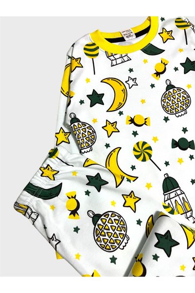elmas kids Boys' 100% Cotton White Ramadan Themed Candy Moon Star Patterned Long Sleeve Pajama Set
