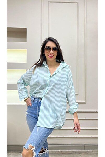 Style Marka Muadil Uzun Oversize Çizgili Gömlek Yeşil