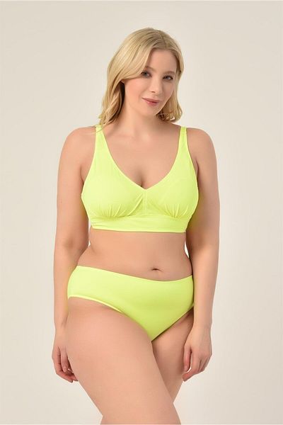 AQUAVİVA Aquaviva Women's Neon Green Large Size Triangle Gathering High Waist Bikini Set