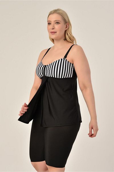 AQUAVİVA Aquaviva Women's Large Size Black Thin Striped Gathering Double Breasted Detailed Tankini with Shorts