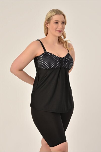 AQUAVİVA Aquaviva Women's Large Size Black Polka Dot Gathering Double Breasted Detailed Tankini with Shorts