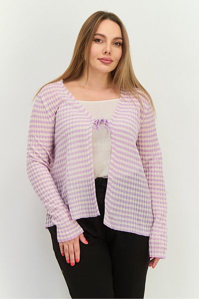 MANGO Woman Women Tie Neck Striped Cardigan, Lavender
