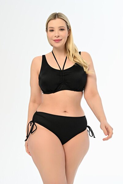 AQUAVİVA Aquaviva Women's Black Striped Plus Size Azura Gathering Sliding Bikini Set
