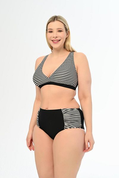 AQUAVİVA Aquaviva Women's Black Thin Striped Plus Size High Waist Butterfly Bikini Set