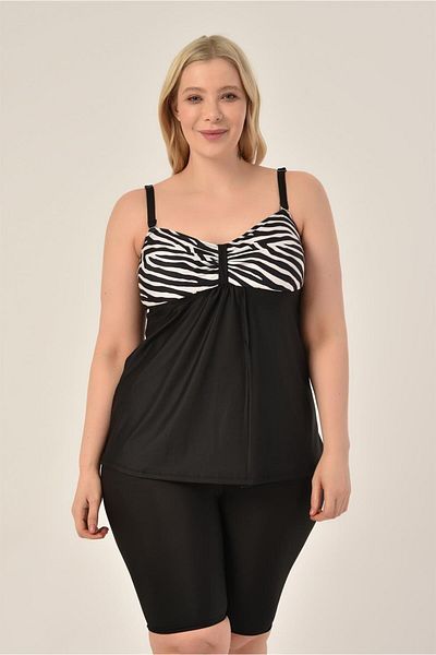 AQUAVİVA Aquaviva Women's Large Size Black Zebra Pattern Gathering Double Breasted Detailed Tankini with Shorts