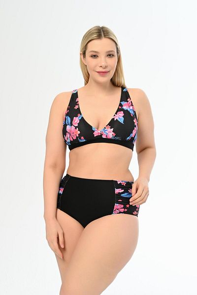 AQUAVİVA Large Size Black Pink Floral Bikini Set with High Waist and Butterfly Print - Aquaviva