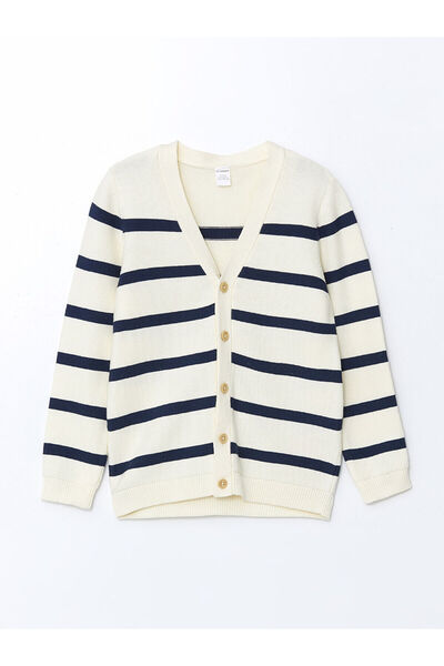 LC Waikiki Indigo V-λαιμόκοψη ριγέ πλεκτή ζακέτα για αγόρια