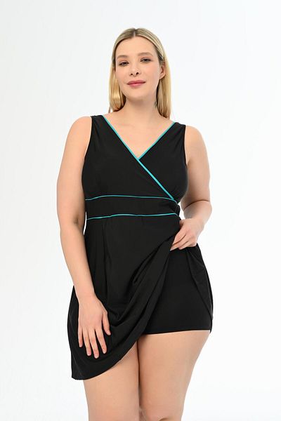 AQUAVİVA Aquaviva Women's Black-water Green Plus Size Alesta Shorts Dress Swimsuit