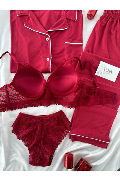 Lena Homewears Lena İç Çamaşırlı Yumoş Biye Detaylı Kısa Kollu Pijama Takımı