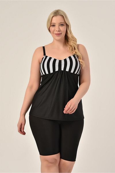 AQUAVİVA Aquaviva Women's Large Size Black Thick Striped Gathering Double Breasted Detailed Tankini with Shorts