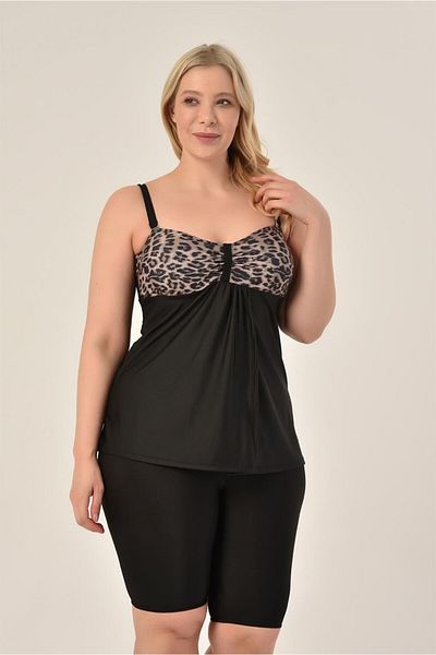 AQUAVİVA Aquaviva Women's Large Size Black Thick Leopard Pattern Gathering Double Breasted Detailed Tankini with Shorts