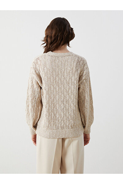 LC Waikiki Beige V-Neck Lace-Like Knit Women's Knitwear Cardigan