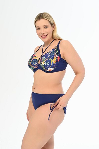 AQUAVİVA Navy Blue Floral Pattern - Diana Gathering Sliding Bikini Set, Plus Size