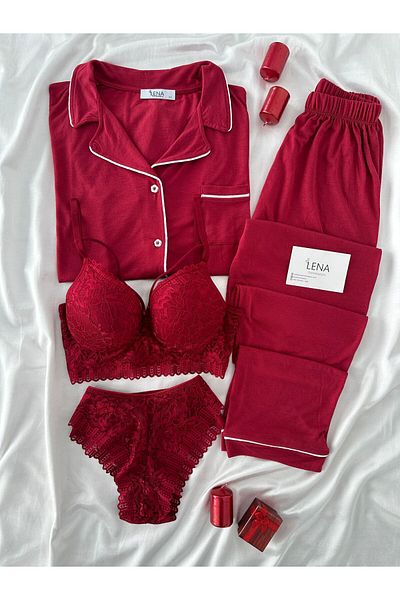 Lena Homewears Lena Underwear Yumoş Piping Detailed Short Sleeve Pajama Set