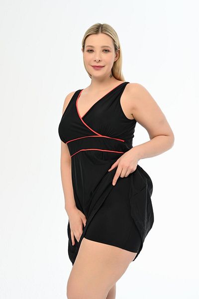 AQUAVİVA Aquaviva Women's Black-red Large Size Alesta Dress with Shorts Swimsuit