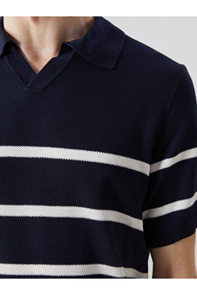 LC Waikiki Ανδρικό πλεκτό πουλόβερ LCW Vision Navy Blue Polo με κοντό μανίκι ριγέ