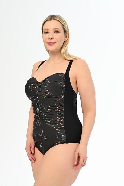 AQUAVİVA Aquaviva Women's Black Flower Pattern Plus Size Daria Collector Drape Detailed Swimsuit