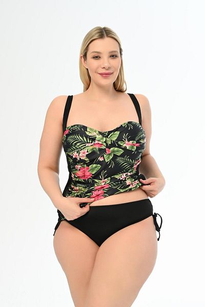 AQUAVİVA Plus Size Black Violet Patterned Aquaviva Tankini - Side Sliding and Gathering