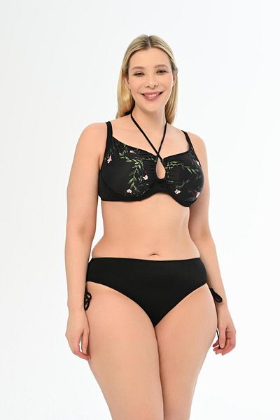 AQUAVİVA Large Size Black Floral Patterned Diana Gathering Sliding Bikini Set