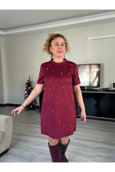 MUJUMMBUTİK Bordo Süet çakma taşlı elbise