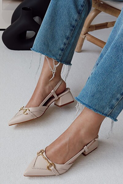 POLKA STORE Madame Saddler Stitching Detailed Gold Metal Buckle Matte Leather Pointed Toe Short Block Heeled Women's Shoes