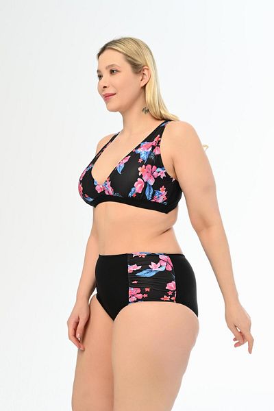 AQUAVİVA Large Size Black Pink Floral Bikini Set with High Waist and Butterfly Print - Aquaviva