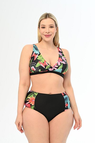 AQUAVİVA Aquaviva Women Black Wind Rose Pattern Plus Size High Waist Butterfly Bikini Set