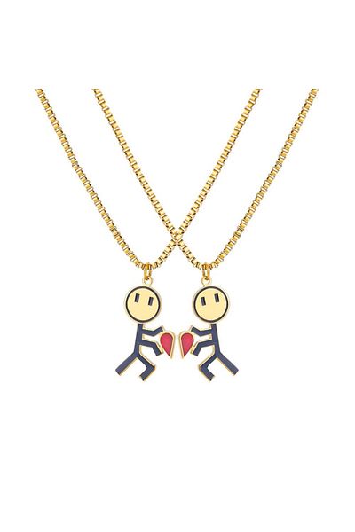 Herşey Nota Stickman Magnet Stainless Steel 2Pcs Necklace Gold Couple