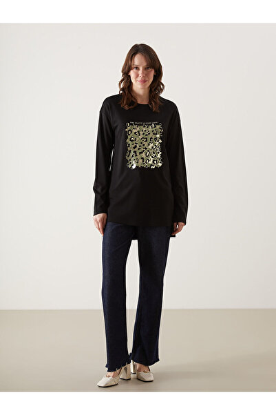 LC Waikiki Black Crew Neck Printed Women's Tunic