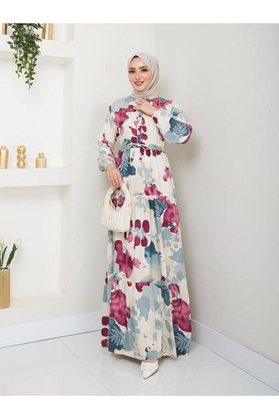 QUAWEAR Round Crew Neck Waist Lace up Shirred Full Length Dress